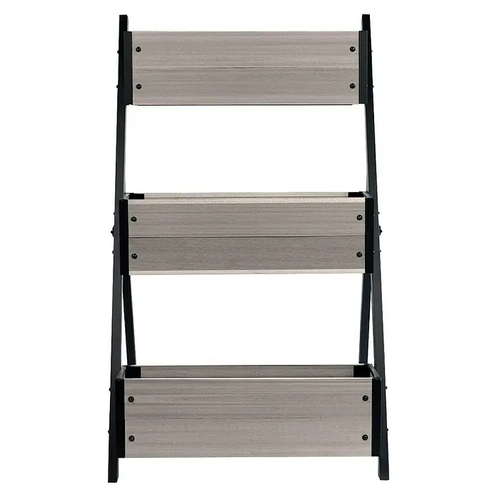 Dobar Pflanzkasten - 91 x 50 x 60 cm, Verbundwerkstoff, Silbergrau - Dreistufiges Pflanzgefäß mit schwarzem Metallrahmen und hellgrauen Holzverbundplatten.