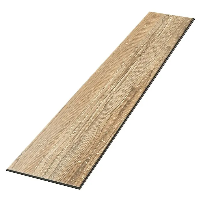 Egger Laminat Aquadura+ - Morella Fichte vintage, Landhausdiele, 1.292 x 193 x 7,5 mm - Nahaufnahme eines einzelnen Holzbrettimitats, das auf einem dunklen, gerillten Untergrund liegt und die Maserung und Farbe hervorhebt.