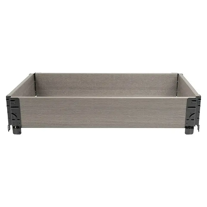 Dobar Hochbeetumrandung - L x B x H: 90 x 60 x 15 cm, WPC, Silbergrau - Graues Hochbeet in Holzoptik mit schwarzen Eckverbindern.