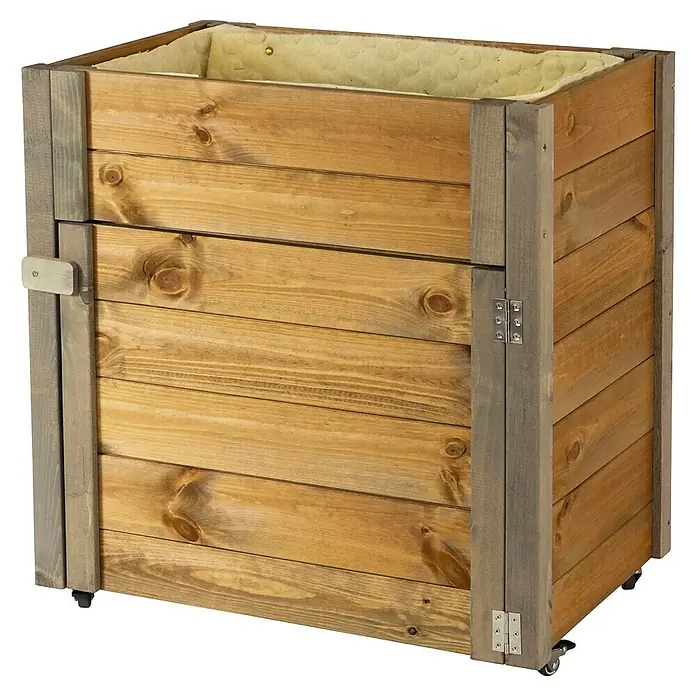 Dobar Hochbeet rollbarer Gartenschrank - 60 x 39 x 62 cm, Holz, Braun - Holzkübel mit hellbraunen Brettern, grauen Pfosten, isoliertem Innenraum, Scharnieren, Riegel und Rollen.