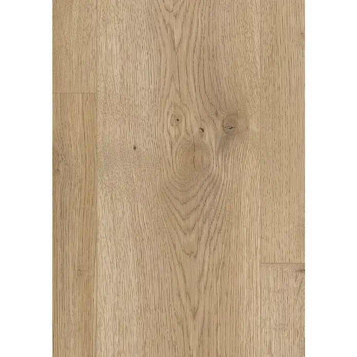 Egger Laminatmuster Aquadura+ - 297 x 193 x 7,5 mm, Landhausdiele, Messina Eiche natur - Nahaufnahme eines hellen Eichenparkettbodens mit auffälliger Maserung und Astlöchern, ideal für moderne Innenräume.