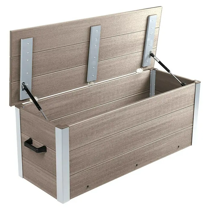 Dobar Garten-Aufbewahrungsbox - L x B x H: 115 x 45 x 86 cm, Silbergrau, Verbundwerkstoff - Hellbraune Garten-Aufbewahrungsbox in Holzoptik mit silbernem Rahmen und offener, gasfedergestützter Deckel.