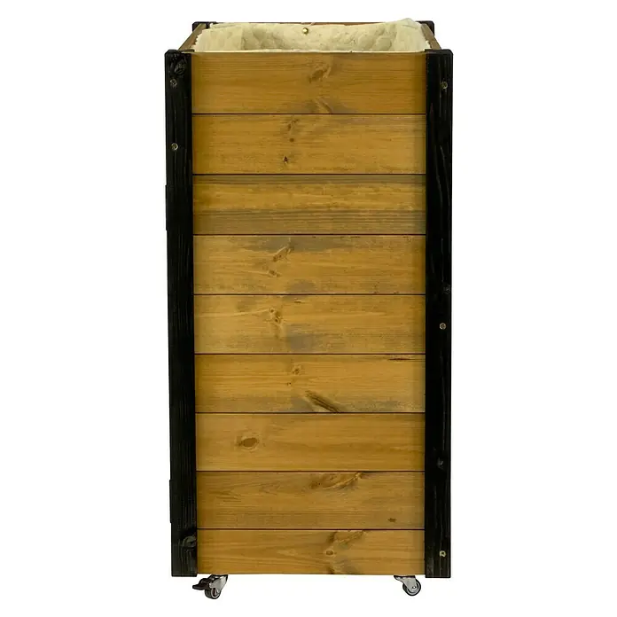 Dobar Hochbeet rollbarer Gartenschrank - 60 x 39 x 80 cm, Holz, Braun/Schwarz - Hoher hölzerner Blumenkasten auf Rollen mit hellbraunen Latten, dunklen Eckpfosten und hellem Futter.