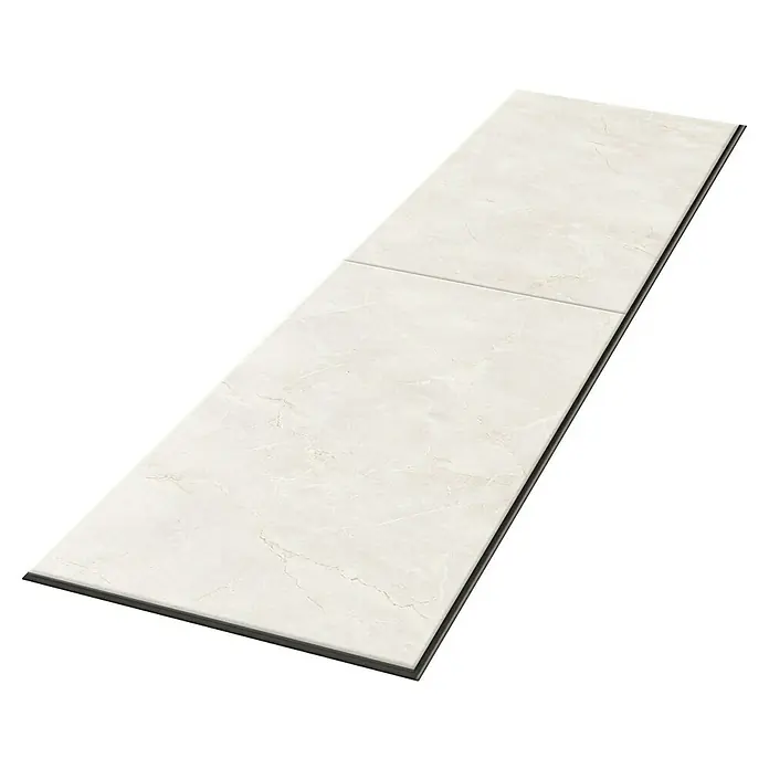 Egger Laminat Aquadura+ - Cremona Marmor, 1.292 x 327 x 7,5 mm - Zwei quadratische Keramikfliesen mit Marmorierung in einem sanften Beigeton. Die Fliesen liegen nebeneinander und zeigen ihre Oberfläche.