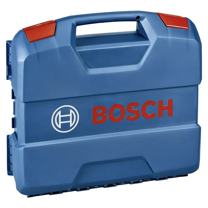 Bosch Professional AMPShare 18V Akku-Schlagbohrschrauber GSB 18V-65 - 18 V, 2 Akkus, 2 Ah - 4 Ah, 65 Nm - Blaue Bosch Werkzeugkiste mit rotem Verschlussclip und Tragegriff zur Aufbewahrung von Werkzeugen und Zubehör.