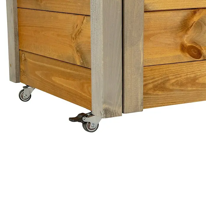 Dobar Hochbeet rollbarer Gartenschrank - 60 x 39 x 62 cm, Holz, Braun - Detailaufnahme einer Holzpflanzkiste mit Rollen, die eine einfache Bewegung ermöglicht. Ideal für Garten und Terrasse.