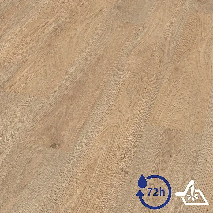 Egger Laminat Aquadura+ - Lana Eiche natur, Landhausdiele, 1.292 x 246 x 7,5 mm - Ein helles Laminatbodenmuster in Holzoptik, ideal für moderne Innenräume, mit einem Symbol für Wasserbeständigkeit.