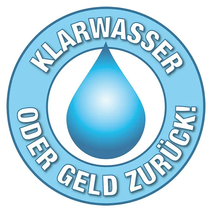 Heissner Durchlauffilter Apollo XL Pro F322 - Teichgröße: 80 m³ - Logo mit blauem Wassertropfen und dem Text "Klarwasser oder Geld zurück!", was eine Garantie oder ein Qualitätsversprechen andeutet.