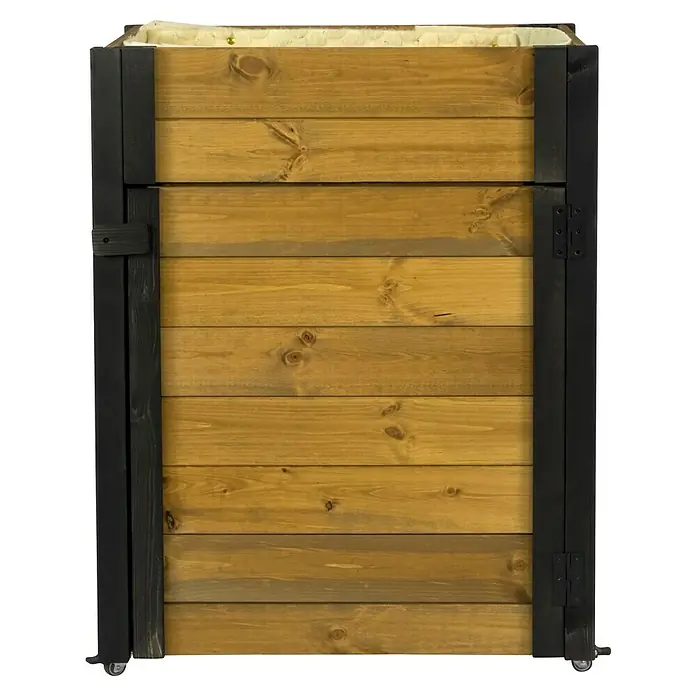 Dobar Hochbeet rollbarer Gartenschrank - 60 x 39 x 80 cm, Holz, Braun/Schwarz - Mobiler Holz-Pflanzkasten mit hellbraunen Latten, schwarzen Akzenten und aufklappbarer Seitenwand.