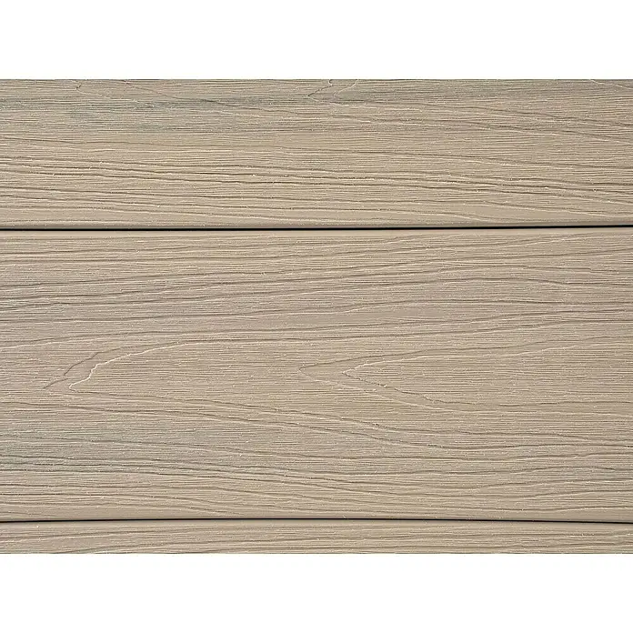 Dobar Hochbeet XL - 115 x 70 x 75 cm, Verbundwerkstoff, Silbergrau - Nahaufnahme einer Holzterrasse mit einer hellen, neutralen Farbgebung und einer feinen Maserung, die eine natürliche Optik verleiht.