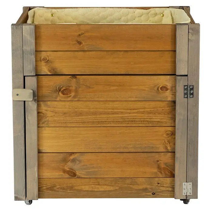 Dobar Hochbeet rollbarer Gartenschrank - 60 x 39 x 62 cm, Holz, Braun - Hellbraunes Holzbett für Haustiere auf Rollen mit grauen Seitenstützen, einem Verschluss, Scharnieren und weichem cremefarbenen Futter.