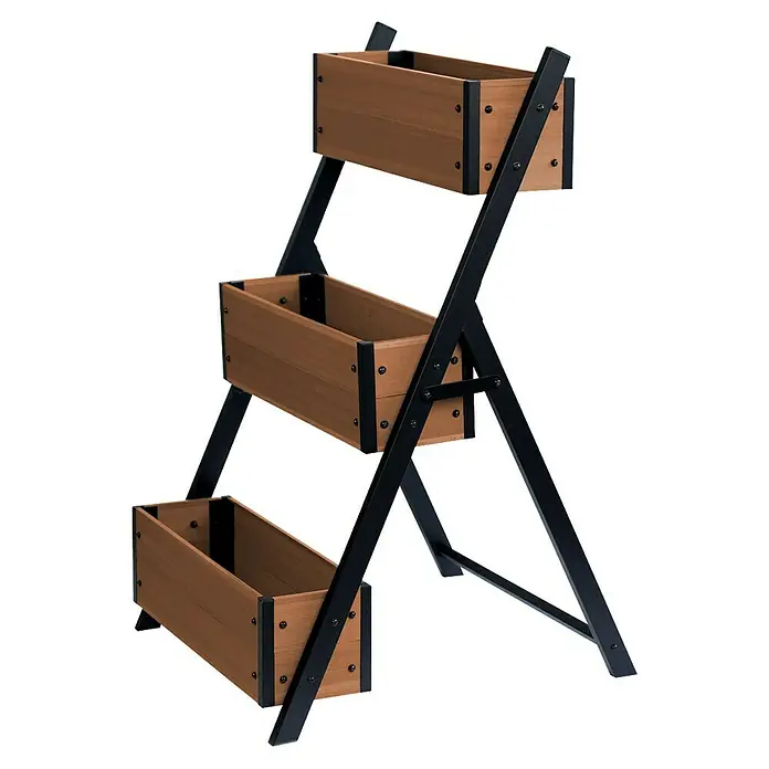 Dobar Pflanzkasten - 91 x 50 x 60 cm, Verbundwerkstoff, Teak - Dreistufiger Pflanzenständer mit schwarzem Metallrahmen und drei rechteckigen braunen Holzpflanzgefäßen.