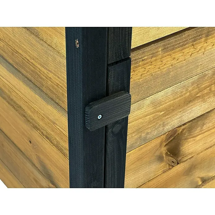 Dobar Hochbeet rollbarer Gartenschrank - 60 x 39 x 62 cm, Holz, Braun/Schwarz - Detailansicht einer Holzkiste mit schwarzem Verschluss. Die braunen Holzpaneele und der robuste Riegel betonen die hochwertige Verarbeitung.
