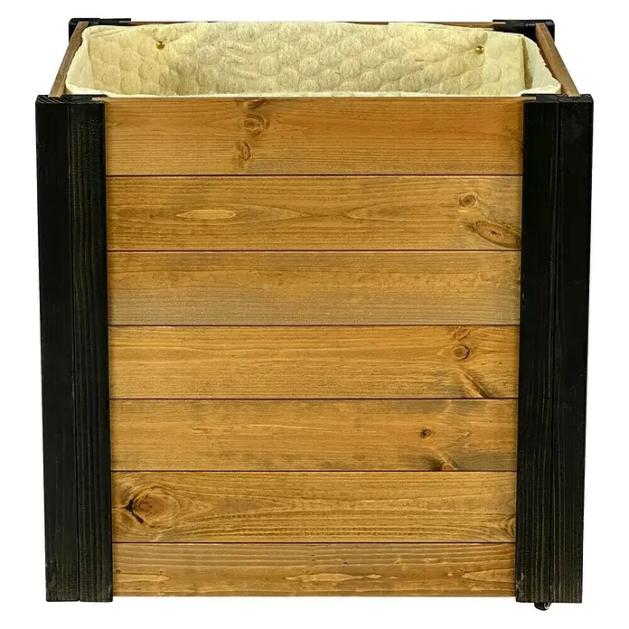 Dobar Hochbeet rollbarer Gartenschrank - 60 x 39 x 62 cm, Holz, Braun/Schwarz - Pflanzkasten aus hellem Holz mit dunklen Pfosten und hellem, gestepptem Stoffeinsatz.