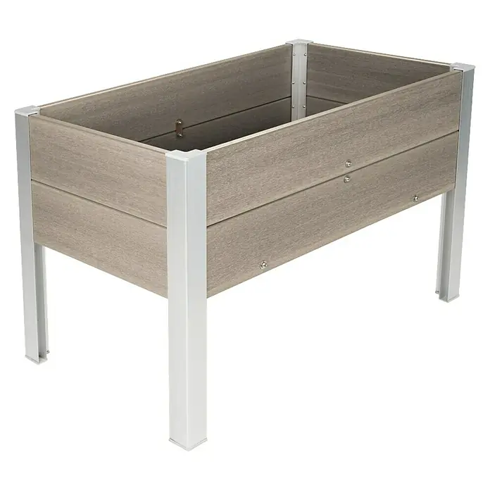 Dobar Hochbeet - 50 x 91 x 60 cm, Verbundwerkstoff, Silbergrau - Graues Hochbeet in Holzoptik mit silbernem Aluminiumrahmen und Beinen.