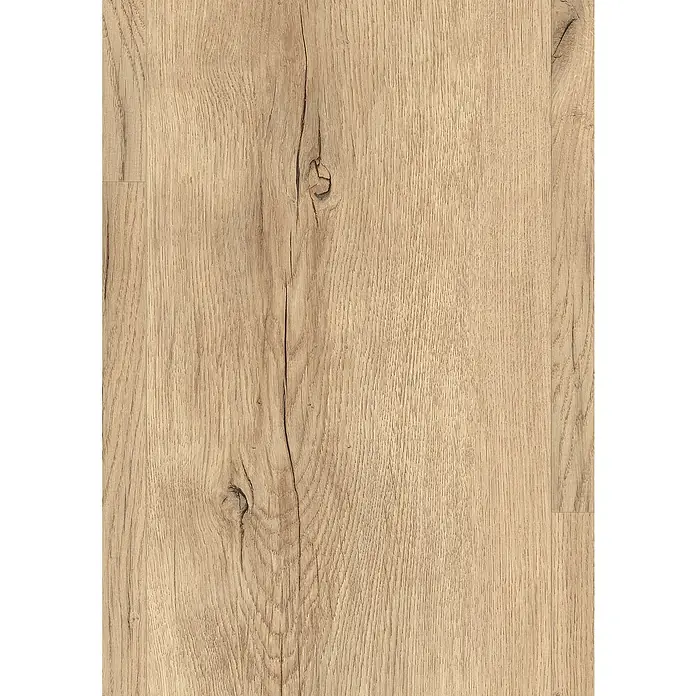 Egger Laminat Aquadura+ - Savona Eiche sand, Landhausdiele, 1.292 x 246 x 7,5 mm - Nahaufnahme einer Holzoberfläche mit sichtbaren Maserungen und Astlöchern, ideal für Texturen und Hintergründe.