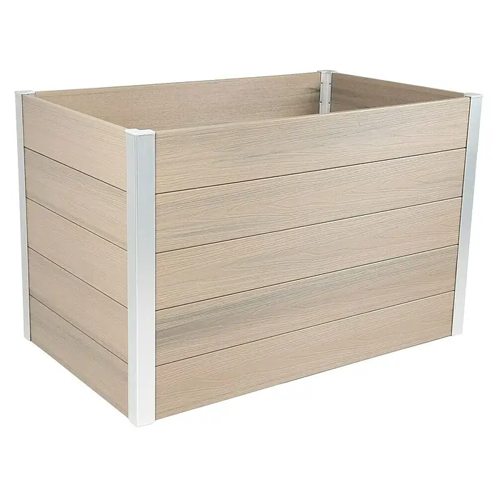 Dobar Hochbeet XL - 115 x 70 x 75 cm, Verbundwerkstoff, Silbergrau - Rechteckiges Hochbeet aus hellen Holzoptik-Planken mit silbernen Metalleckpfosten.