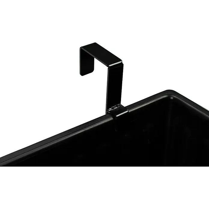 Dobar Balkonkasten - Außenmaß (L x B x H): 60,5 x 19,5 x 20,5 cm, Kunststoff, Dunkelbraun - Schwarzer Metallhaken an einem schwarzen rechteckigen Blumenkasten aus Kunststoff, zum Aufhängen.
