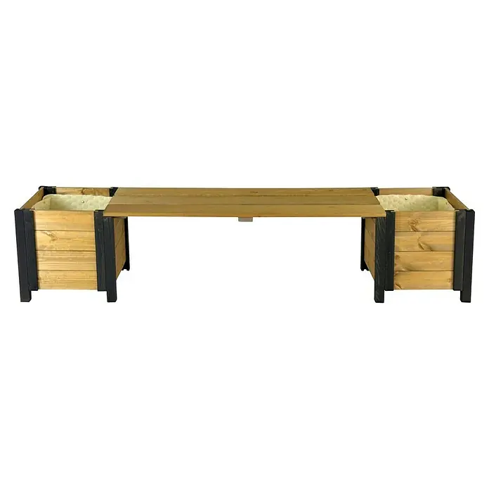 Dobar Gartenbank mit Blumenkästen - B x T x H: 180 x 40 x 39,5 cm, Fichte, Schwarz/Braun - Gartenbank aus Holz mit integrierten Pflanzkästen, hellem Holz und dunklen Rahmen.