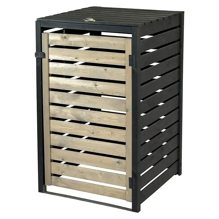 Dobar Mülltonnenbox - Schwarz/Grau, Geeignet für Anzahl Mülltonnen: 1 Stk. - Lamellen-Mülltonnenbox aus Holz mit dunklem Rahmen, heller Front und dunklen Seitenwänden, mit Griff oben.