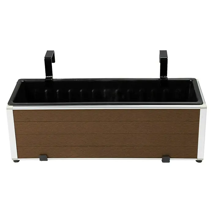 Dobar Balkonkasten - Außenmaß (L x B x H): 60,5 x 19,5 x 20,5 cm, Kunststoff, Dunkelbraun - Rechteckiger Hängeblumenkasten mit brauner Holzoptik-Verkleidung, weißem Rahmen und schwarzem Einsatz.