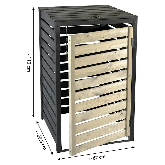 Dobar Mülltonnenbox - Schwarz/Grau, Geeignet für Anzahl Mülltonnen: 1 Stk. - Dunkelgraue und helle Holzlatten-Mülltonnenbox mit Tür. Maße: 112x67x69,5 cm.