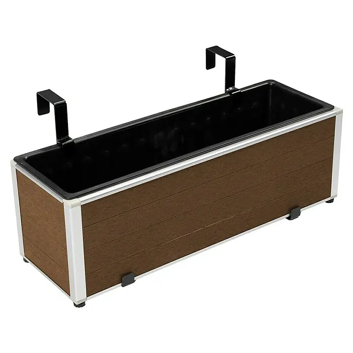 Dobar Balkonkasten - Außenmaß (L x B x H): 60,5 x 19,5 x 20,5 cm, Kunststoff, Dunkelbraun - Rechteckiger Balkonkasten in Holzoptik braun mit weißem Rahmen, schwarzem Einsatz und Haken.