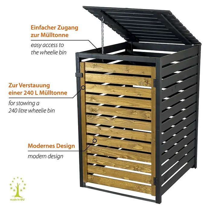 Dobar Mülltonnenbox - Schwarz/Braun, Geeignet für Anzahl Mülltonnen: 1 Stk. - Eine schwarze Metall- und naturholzverkleidete Mülltonnenbox für eine 240L Mülltonne, mit geöffnetem Deckel.