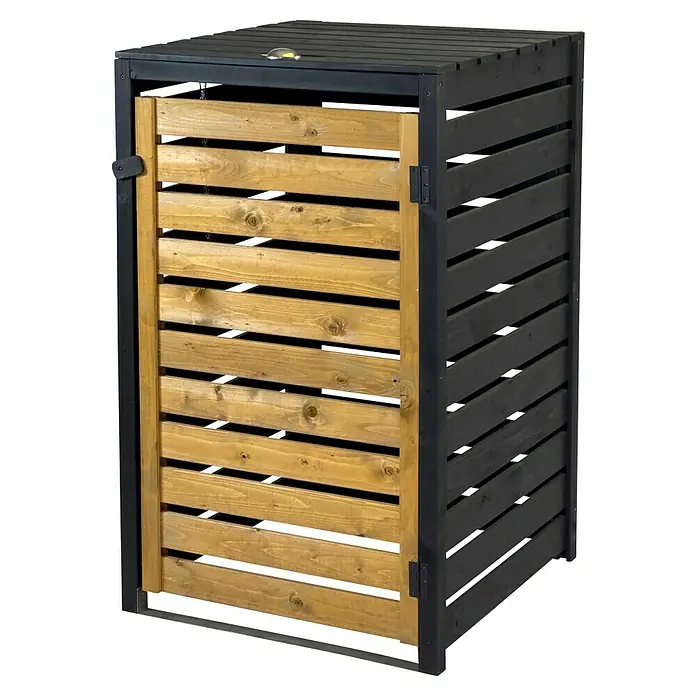 Dobar Mülltonnenbox - 69,5 x 67 cm, Geeignet für Anzahl Mülltonnen: 1 Stk. - Kompostbehälter aus Holz mit heller Holztür und dunkelgrauen Lamellen an den Seiten und oben.