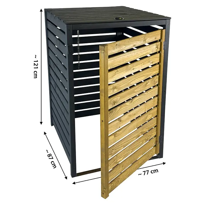 Dobar Mülltonnenbox - Schwarz/Braun, Geeignet für Anzahl Mülltonnen: 1 Stk. - Dunkelgraue Lamellen-Mülltonnenbox aus Holz mit Naturholz-Flügeltür. Ca. 121x87x77 cm.