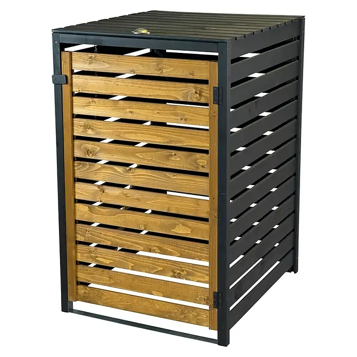 Dobar Mülltonnenbox - Schwarz/Braun, Geeignet für Anzahl Mülltonnen: 1 Stk. - Outdoor-Lagerschrank mit dunkelgrauen Lamellenwänden und -platte, sowie einer Tür aus Naturholzlamellen.
