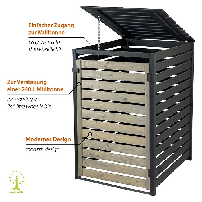 Dobar Mülltonnenbox - Schwarz/Grau, Geeignet für Anzahl Mülltonnen: 1 Stk. - Hölzerne Mülltonnenbox mit aufklappbarem Deckel und Tür für eine 240-Liter-Mülltonne. Dunkler Rahmen, hellgraue Lamellen.
