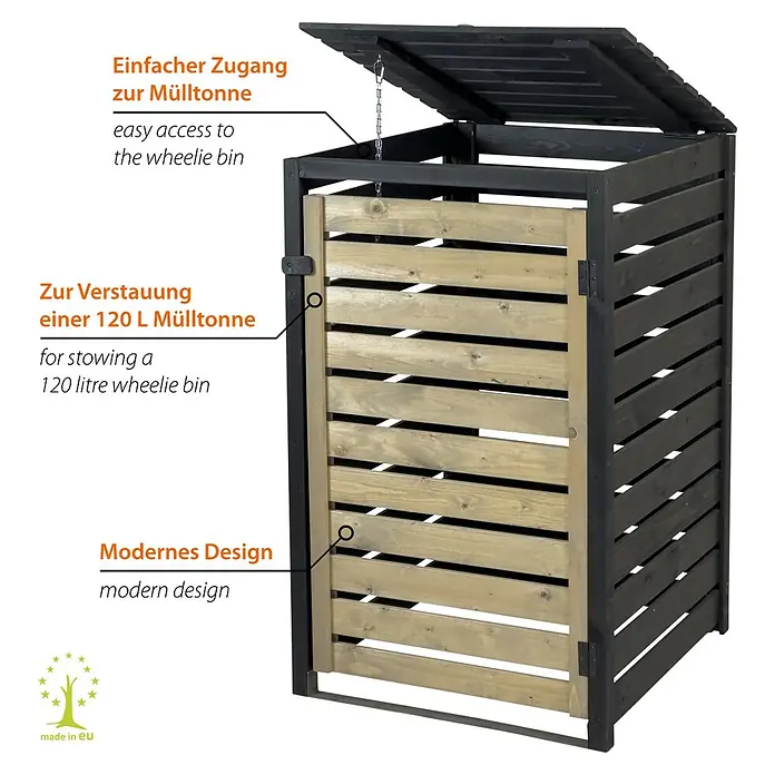 Dobar Mülltonnenbox - Schwarz/Grau, Geeignet für Anzahl Mülltonnen: 1 Stk. - Eine Mülltonnenbox aus dunklem und hellem Holz mit aufklappbarem Deckel, Fronttür und Kette für einfachen Zugang.