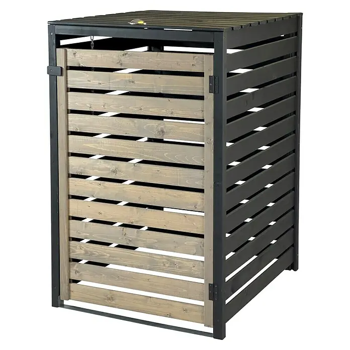 Dobar Mülltonnenbox - Schwarz/Grau, Geeignet für Anzahl Mülltonnen: 1 Stk. - Hölzerne Mülltonnenbox mit hellen Frontlamellen und dunklen Seitenpaneelen, Scharniertür und aufklappbarem Deckel.