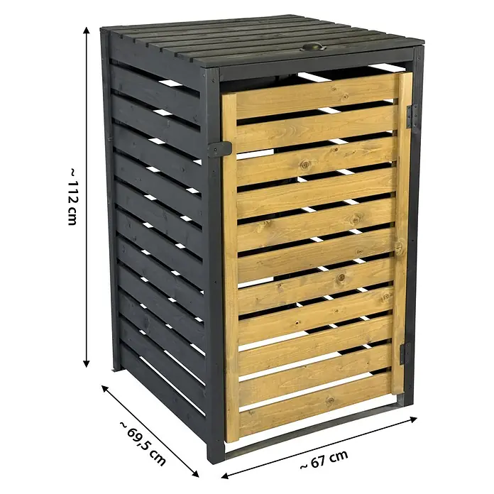 Dobar Mülltonnenbox - 69,5 x 67 cm, Geeignet für Anzahl Mülltonnen: 1 Stk. - Zweifarbige Lamellen-Holztonne mit Flügeltür, anthrazit und naturholzfarben.