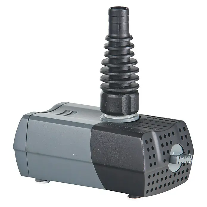 Heissner Teichpumpe Aqua Stark P1400 - 16 W, Fördermenge pro Std.: 700 l - 1.400 l - Nahaufnahme einer grauen und schwarzen Aquariumpumpe mit einem gerippten Auslassschlauch.
