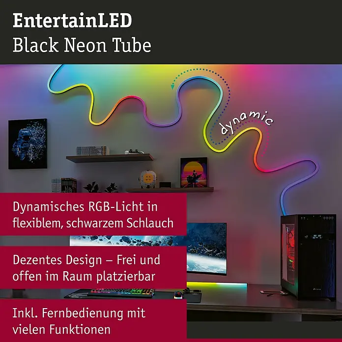 Paulmann LED-Band-Set Black Neon Tube - Länge: 500 cm, Lichtfarbe: RGB, 14 W, 230 V - 240 V - EntertainLED Black Neon Tube: Dynamisches RGB-Licht in einem flexiblen, schwarzen Schlauch, ideal für individuelle Raumgestaltung.