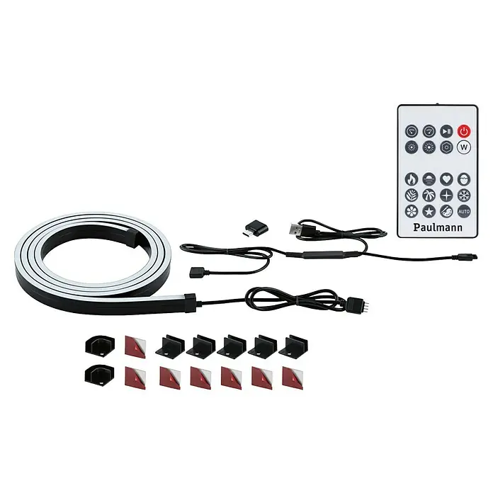 Paulmann Set de tiras LED neón - Largo: 150 cm, Color de luz: RGB, 3 W, 5 V - Imagen del producto de una tira de luz LED Paulmann con accesorios, incluyendo un control remoto, cables y clips de montaje.