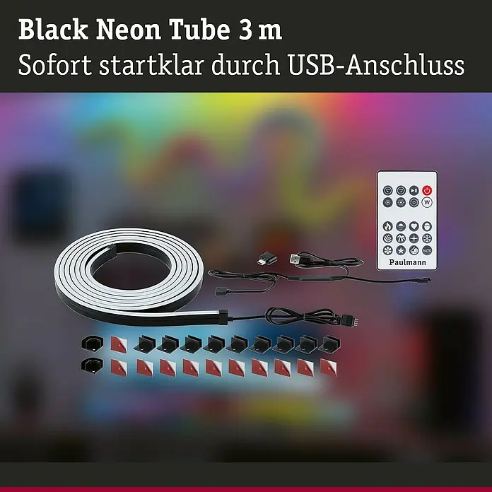 Paulmann LED-Band Black Neon - Länge: 300 cm, Lichtfarbe: RGB, 5 W, 5 V - Produktbild einer schwarzen Neonröhre (3m) mit USB-Anschluss, inklusive Zubehör wie Fernbedienung und Befestigungsmaterial.