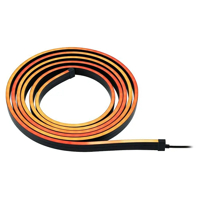 Paulmann Tira LED neón - Largo: 300 cm, Color de luz: RGB, 5 W, 5 V - Primer plano de una tira de luz de neón flexible enrollada sobre una superficie negra, brillando en tonos naranja y rojo.