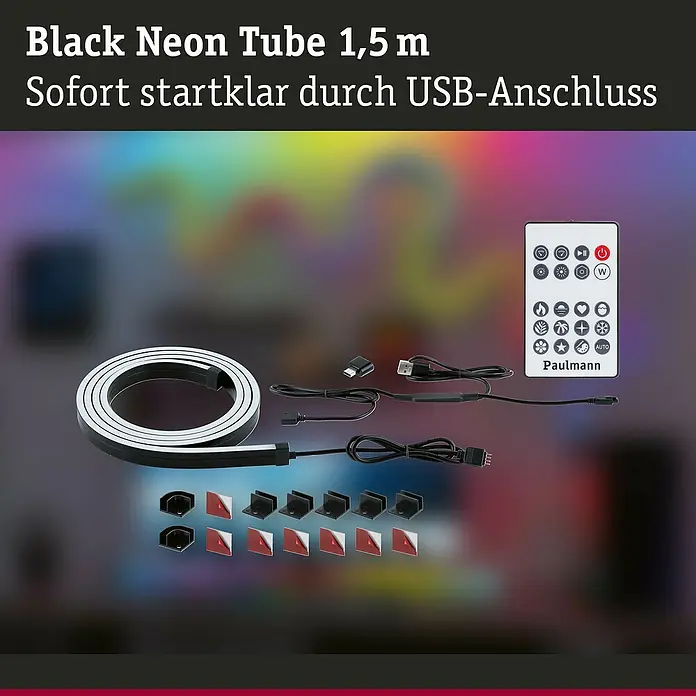 Paulmann LED-Band-Set Black Neon Tube - Länge: 150 cm, Lichtfarbe: RGB, 3 W, 5 V - Schwarze Neonröhre (1,5 m) mit USB-Anschluss, sofort einsatzbereit. Inklusive Fernbedienung und Befestigungsmaterial für flexible Installation.