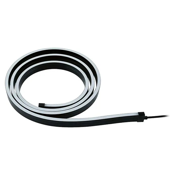 Paulmann LED-Band-Set Black Neon Tube - Länge: 150 cm, Lichtfarbe: RGB, 3 W, 5 V - Nahaufnahme einer LED-Flexleuchte, aufgerollt und mit schwarzen und weißen Elementen, die ein modernes Design für Innenräume zeigt.