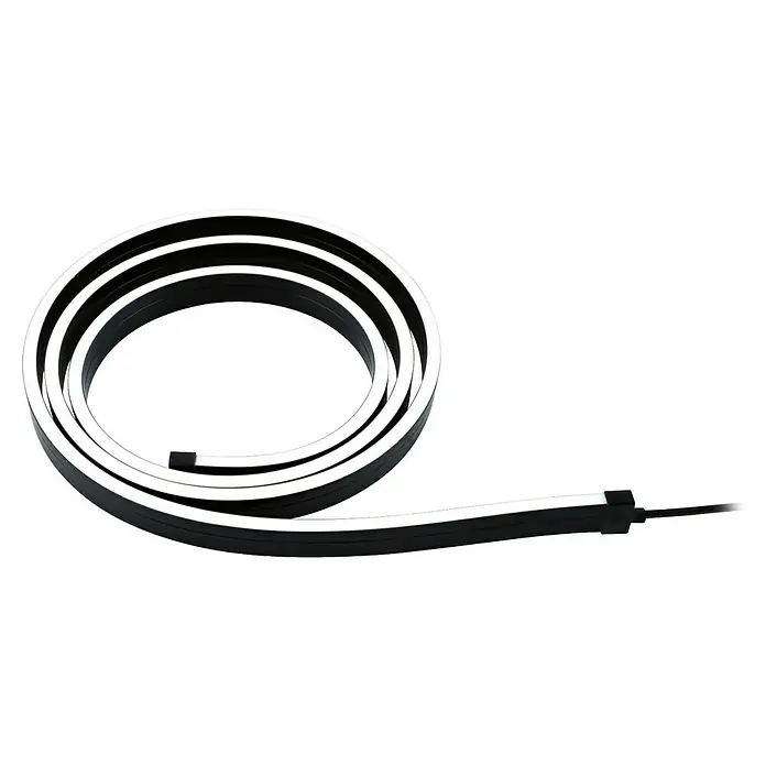 Paulmann Set de tiras LED neón - Largo: 150 cm, Color de luz: RGB, 3 W, 5 V - Primer plano de una luz LED flexible con carcasa negra y una tira de luz brillante, enrollada y lista para la instalación.