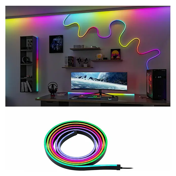 Paulmann Tira LED neón - Largo: 300 cm, Color de luz: RGB, 5 W, 5 V - Tira de luz LED para la decoración de la sala de juegos. La tira LED flexible ofrece detalles coloridos e iluminación ambiental.