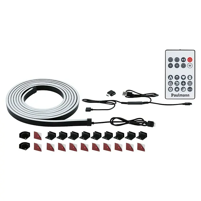 Paulmann Tira LED neón - Largo: 300 cm, Color de luz: RGB, 5 W, 5 V - Kit de tira LED Paulmann con mando a distancia, cables y clips de montaje para una instalación fácil y flexible.