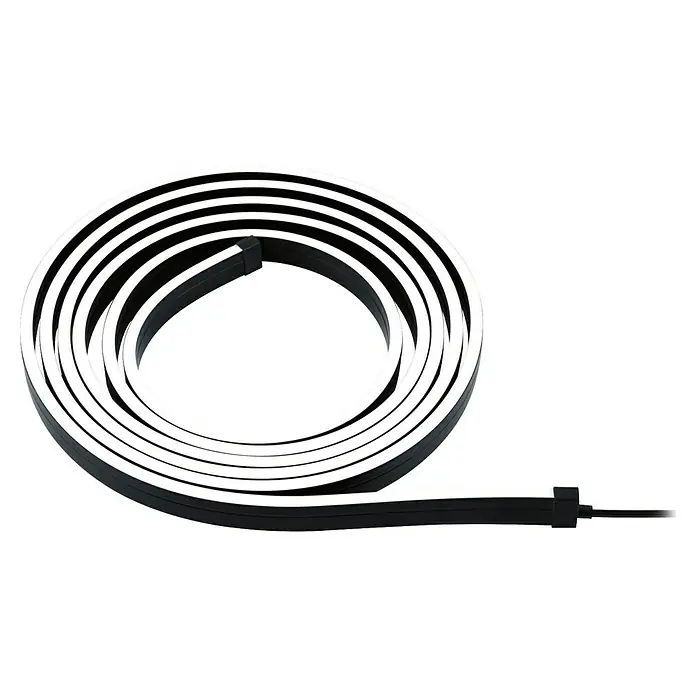 Paulmann Tira LED neón - Largo: 300 cm, Color de luz: RGB, 5 W, 5 V - La imagen muestra una tira LED negra enrollada con una banda de luz blanca brillante. Ideal para iluminación de acento y diseños modernos.