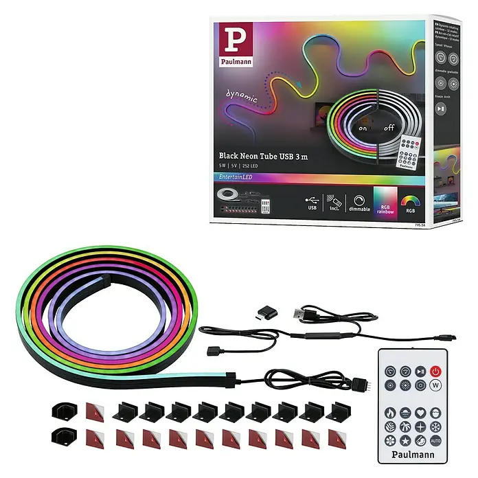 Paulmann LED-Band Black Neon - Länge: 300 cm, Lichtfarbe: RGB, 5 W, 5 V - Das Bild zeigt eine Paulmann Black Neon Tube USB 3 m, eine flexible, dimmbare LED-Leuchte mit RGB-Farbwechsel und Fernbedienung, ideal für stimmungsvolle Beleuchtung.