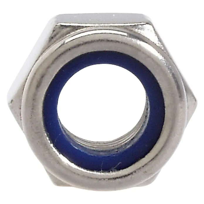 Marinetech StoppmutterM 6, Edelstahl, A4 - Eine hochauflösende Nahaufnahme einer Sechskantmutter mit blauem Kunststoffring, ideal für Produktdetailansichten.
