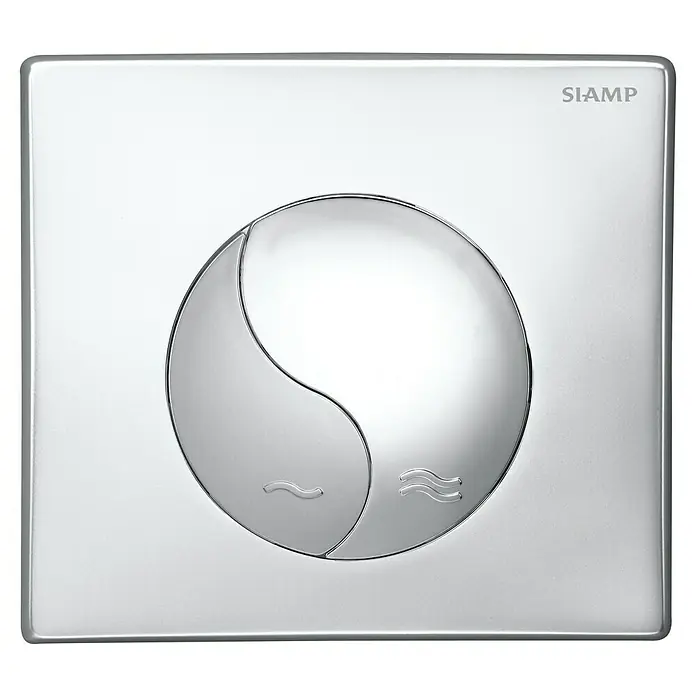 Siamp Betätigungsplatte Ying Yang - Chrom Hochglanz, 2-Mengen-Spülung - Nahaufnahme einer SIAMP-Spültaste mit elegantem, silbernem Design für moderne Badezimmer.