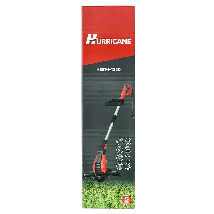 Hurricane Elektro-Rasentrimmer HERT-I-4530 - 450 W, Schnittbreite Faden: 30 cm - Verpackung eines Hurricane HERT-I-4530 Rasentrimmers mit Produktbild, Logos und Garantiehinweis.